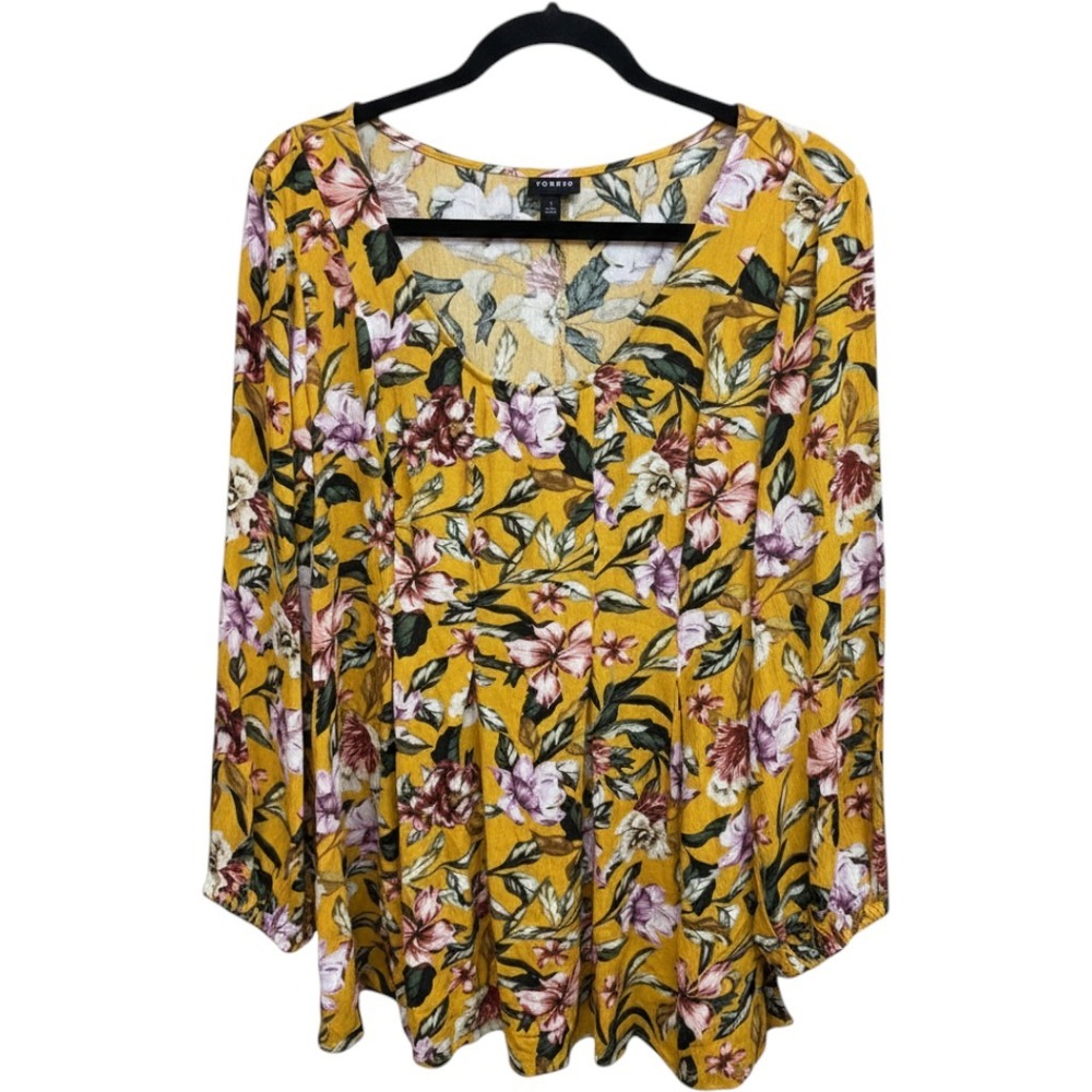Torrid Mustard Yellow Floral Rayon Challis Scoop Neck Long Sleeve Blouse Size 1